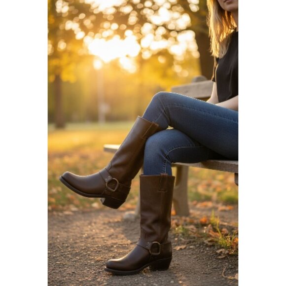 FRYE 12R Harness Boot Brown Oiled Leather Western Cowgirl Mid Calf Engineer Moto - Picture 3 of 13
